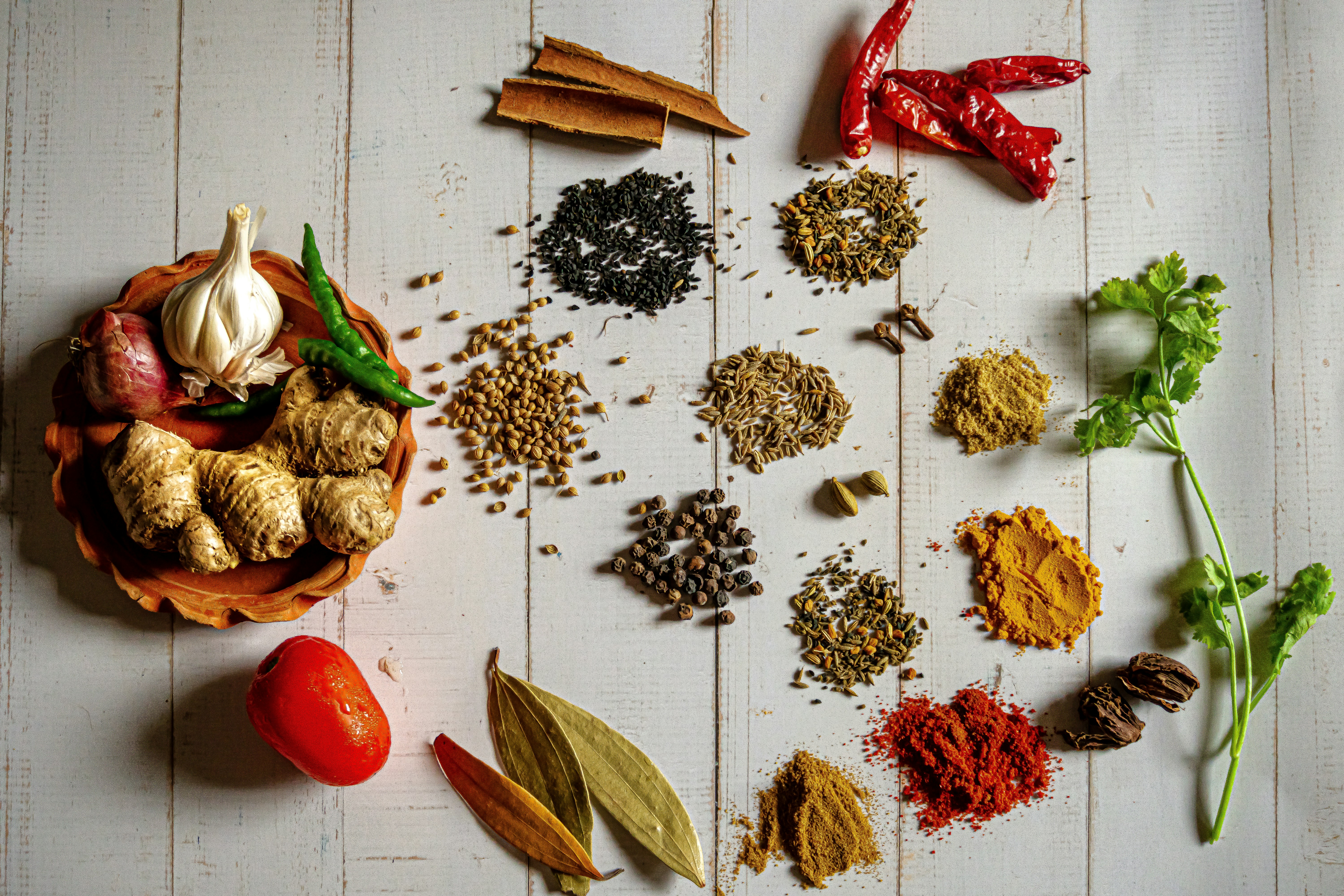 A colorful array of Indian spices in traditional bowls